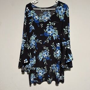 Du Jour Womens Size Large Black Blue Floral Print Bell Sleeve Tunic Top